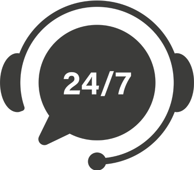 Icon mit einer Sprechblase in welcher 24/7 steht und einem Kopfhörer drumherum.